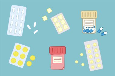 Paket ve şişelerdeki farklı haplar, soğuk algınlığı ve grip ilacı tasarım unsuru, vektör illüstrasyonu