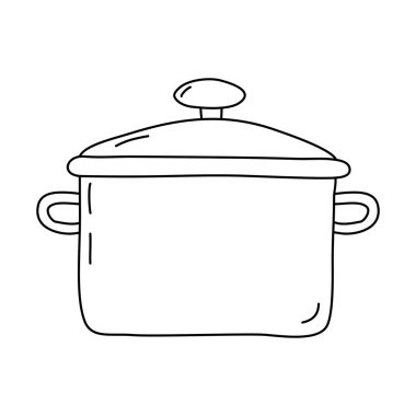 Cam kapaklı tencere, mutfak tasarımı öğesi pişirme ya da pişirme, çocuk kitapları için karalama tarzı düz vektör çizimi çizimi