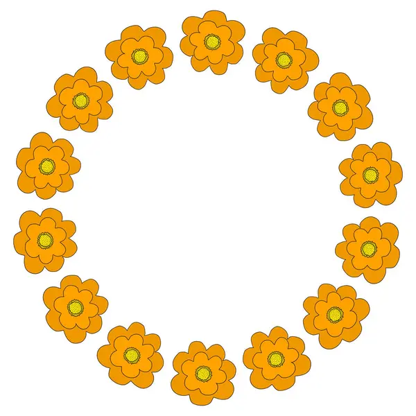Round flower frame from simple yellow flowers, spring design element, vector illustration