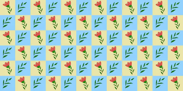 Безшовний Візерунок Квітами Гілками Квітів Тюльпанів Перевірений Синьо Жовтий Фон — стоковий вектор