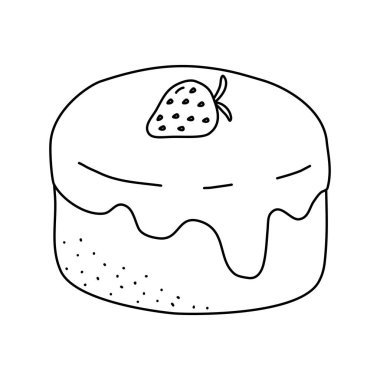 Kremayla kaplanmış sünger pastası, çilekle süslenmiş, karalama tarzı düz vektör çizimi çocuk kitaplarını boyama çizimi