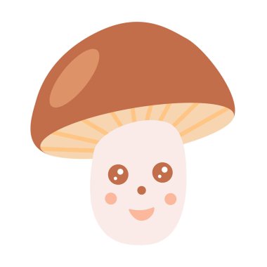 Sevimli neşeli mantar, Kawaii karikatür tarzında sihirli elementler, vektör illüstrasyonu.