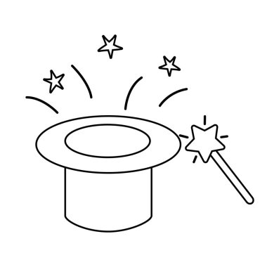 Büyücü ya da sihirbaz şapkası ve sihirli değnek, karalama stili düz vektör çizimi çocuk kitabı boyama çizimi