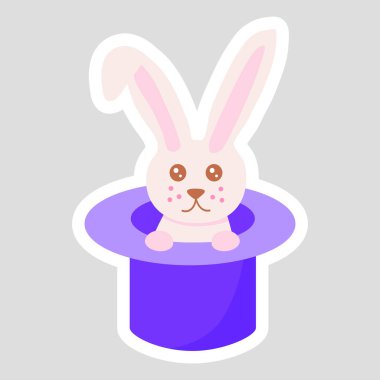 Şapkalı şirin tavşan çıkartması, çocuklar için çizgi film stili vektör çizimi.