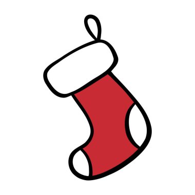 Beyaz manşetli kırmızı Noel çorabı, karalama stili vektör çizimi