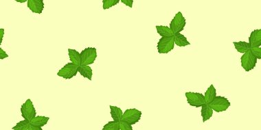 Sarı arkaplanda taze fesleğen yaprakları, kusursuz desenli vektör çizimi