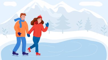 Buzlu bir gölde buz pateni yapan çift, arka planda dağlar ve ağaçlar olan sakin, karlı bir manzarayla çevrili. Tatil tasarımları, tebrik kartları, kış sporları promosyonları ve rahat bir ortam için ideal.