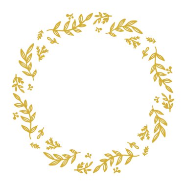 Yaprak ve böğürtlenli zarif altın yuvarlak çelenk, vektör illüstrasyonu, kopyalama alanı