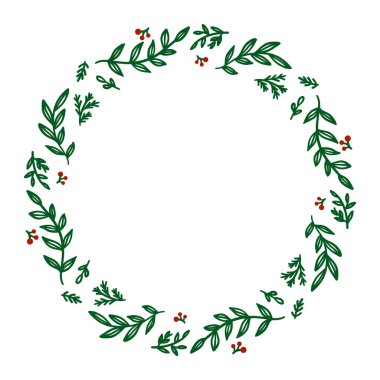Yeşil yapraklar ve kırmızı böğürtlenlerden yapılmış dairesel çelenk, vektör, kopyalama alanı