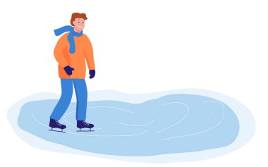 Donmuş gölette buz pateni yapan, mutlu, sıcak giyimli bir adamla kışın vektör çizimi.