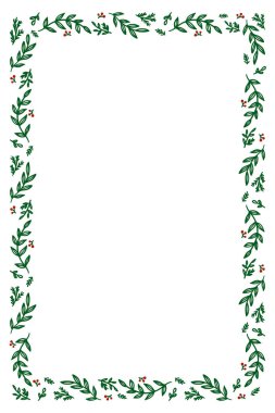 Yeşil yapraklar ve kırmızı böğürtlenlerle dekoratif dikdörtgen çerçeve, Noel, düğünler ve diğer özel durumlar için uygun, fotokopi alanı ile kış tatili şenlik vektör ilülasyonu