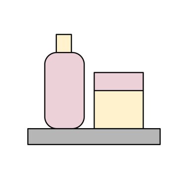 Şampuan ve saç kremi ya da krem şişeleri gri rafta, duşta oturur, hijyen ve kendine bakımı teşvik eder, vektör çizimi