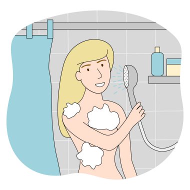 Sarışın, uzun saçlı kadın banyoda sabun köpüğü ve vektör illüstrasyonuyla rahatlatıcı bir duş alıyor.