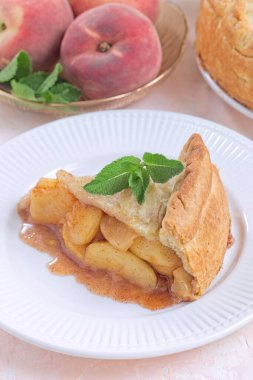 Ev yapımı eski moda şeftali turtası, taze nane ile süslenmiş, mükemmel bir yaz tatlısı, beyaz tabakta, dikey