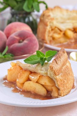 Bir dilim ev yapımı şeftalili turta, taze nane ile süslenmiş, mükemmel bir yaz tatlısı, beyaz tabakta, dikey