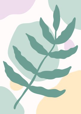 Yeşil yapraklı, pastel renkli, soyut şekilli, vektör illüstrasyonlu minimalist boho çizimi