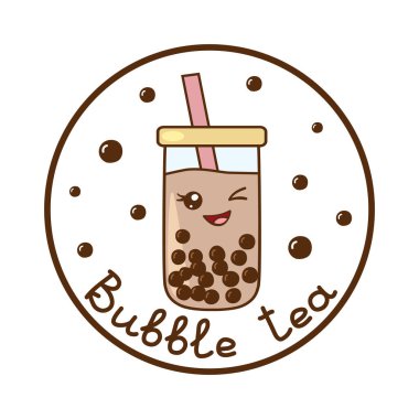 Kawaii boba tapyoka incileri ile göz kırpan baloncuk çayı, harfli, vektör illüstrasyonlu daire şeklinde.