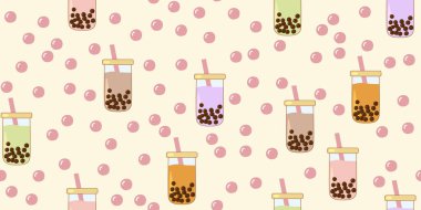 Farklı renkte boba çay bardakları ve tapyoka incileri pastel sarı arka planda kusursuz desenler, vektör illüstrasyon
