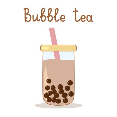 Serinletici köpüklü çay, Boba olarak da bilinir, pembe kamışlı ve sarı kapaklı cam bir kavanozda servis edilir.