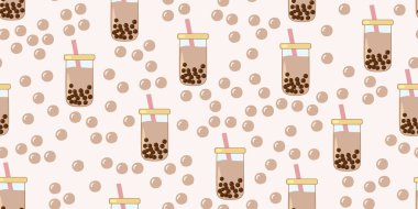 Tazeleyici köpüklü çay ve bej arka planda yüzen tapyoka incileriyle kusursuz desen, vektör illüstrasyonu