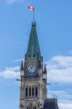 Having a walk on the Parliament Hill in downtown Ottawa Canada with view to the historical buildings of the Canadian parliament and its surroundings at a cold but sunny day in winter.