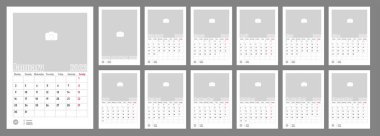 Wall Monthly Fotoğraf Takvimi 2023. İngilizce 2023 yılı için aylık dikey fotoğraf takvimi düzeni. Takvim, 12 aylık şablon. Hafta pazartesiden itibaren başlıyor. Vektör illüstrasyonu