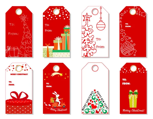 Christmas Tags Cute Collection Labels Christmas Tree Bear Rabbit Snowman — Stock Vector