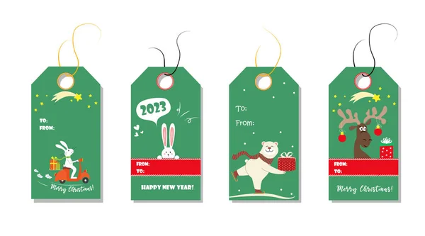 クリスマスタグかわいいコレクション クリスマスツリー ウサギと雪だるまとラベル ベクターイラスト — ストックベクタ