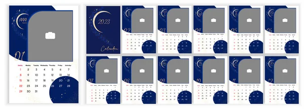 stock vector Astrology Wall Monthly Calendar 2023. Vertical photo calendar Layout for 2023 year in English with zodiac signs, star, moon on blue sky. Cover Calendar, 12 months templates. Monday week start. Vector illustration