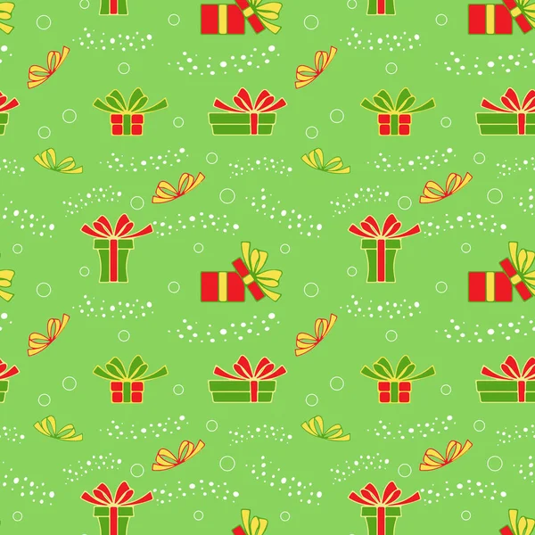 Рождественский Вектор Бесшовный Узор Подарочными Коробками Снежинками Зеленом Фоне Новогодний Лицензионные Стоковые Векторы