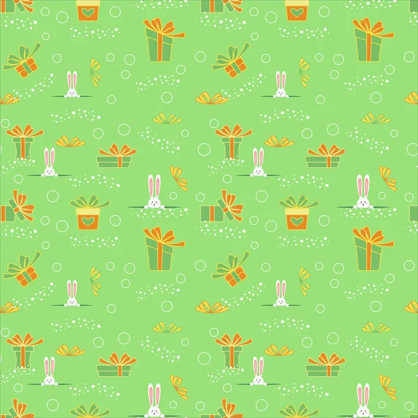 Рождественский Вектор Бесшовный Узор Подарочными Коробками Кроликом Кроликом Снежинками Зеленом Стоковая Иллюстрация
