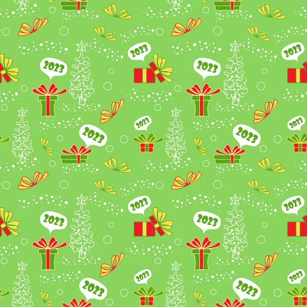 Рождественский Вектор Бесшовный Узор Подарочными Коробками Елкой Снежинками Зеленом Фоне Векторная Графика