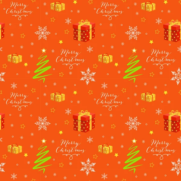 明るいオレンジの背景にクリスマスプレゼント 雪の結晶 緑のクリスマスツリーと結婚クリスマスのフレーズとクリスマスベクトルシームレスなパターン 新年のベクターデザイン 漫画風 クリスマスのギフトボックスのための包装紙 — ストックベクタ