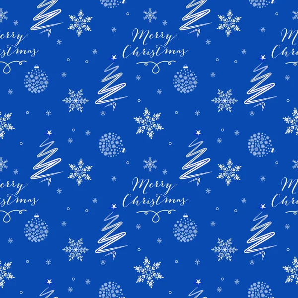 明るい青の背景にクリスマスツリー クリスマスボールと雪の結晶と結婚クリスマスフレーズとクリスマスベクトルシームレスパターン 新年のベクターデザイン 漫画風 クリスマスのギフトボックスのための包装紙 — ストックベクタ