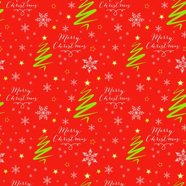 緑のクリスマスツリーと雪の結晶 明るい赤の背景に星と結婚クリスマスのフレーズとクリスマスベクトルシームレスなパターン 新年のベクターデザイン 漫画風 クリスマスのギフトボックスのための包装紙 — ストックベクタ