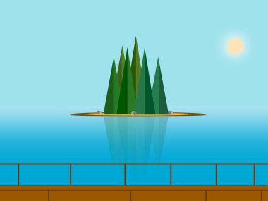 Gölde ağaçlarla çevrili küçük bir ada. Doğa manzarası.