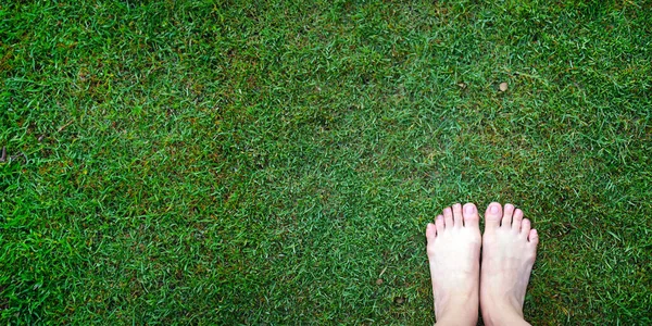 Woman bear feet standing on the lush fresh green grass lawn, top view, connect to nature power concept, receiving negative ions from nature
