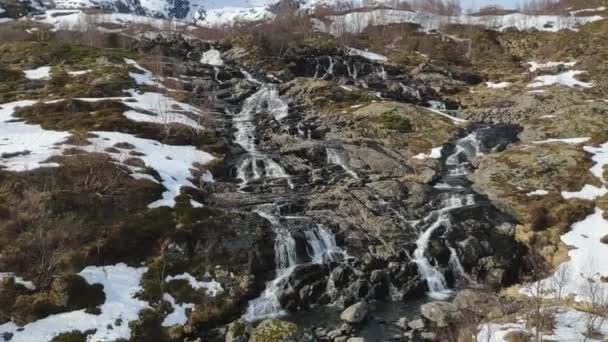Trekking Hiking See Waterfall Mountain Winter Snow Lofoten Norway Travel — Stock Video