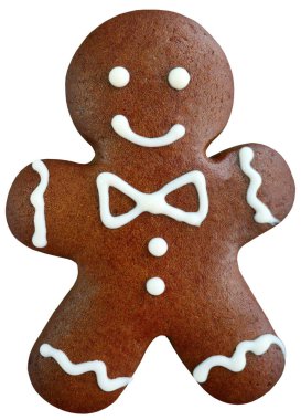 Beyaz arka planda izole edilmiş Noel zencefilli kurabiye, üst manzara, geleneksel unsur, mutlu noeller, yeni yıl ve xmas kutlamaları.