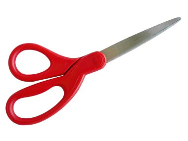 İzole edilmiş kırmızı renk makasları, kırpma yolu ile beyaz arkaplanda kesme, sunum, kesme araçları, ofis veya okul veya ev malzemeleri, ekipman