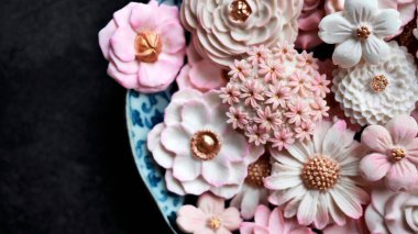 Sam Pan Nee, pastel pembe tonda Tayland tatlısı çeşitli çiçek şekilli Hindistan cevizi sütü tadı, otantik Tayland geleneksel el sanatları atıştırmalığı koyu arka planda