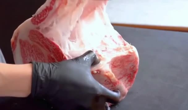 Professional Cutting Marbled Meat — Stock Video