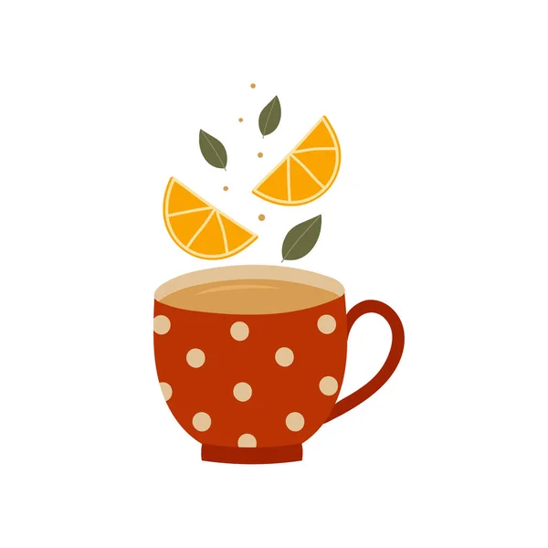 Красная Чашка Чая Ломтиками Лимона Листьями Ручной Рисунок Стиле Каракулей — стоковый вектор