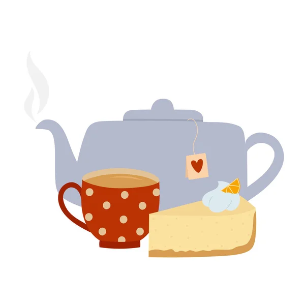 ブルーティーポット レッドカップ チーズケーキ 紅茶やコーヒー用のキッチン用品 手描きのドアスタイルデザイン — ストックベクタ