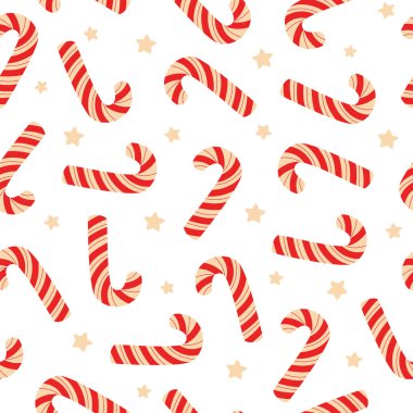 Kusursuz bir Noel şekeri deseni ve beyaz arka planda yıldızlar. Paket kağıdı, davetiye, tebrik kartı, tekstil için şenlik arka planı.