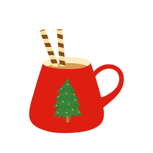 ワッフルとホットチョコレートのカップ クリスマスツリーの赤いマグカップ 居心地の良い冬のデザインのためのテンプレート 分離ベクトル図 — ストックベクタ