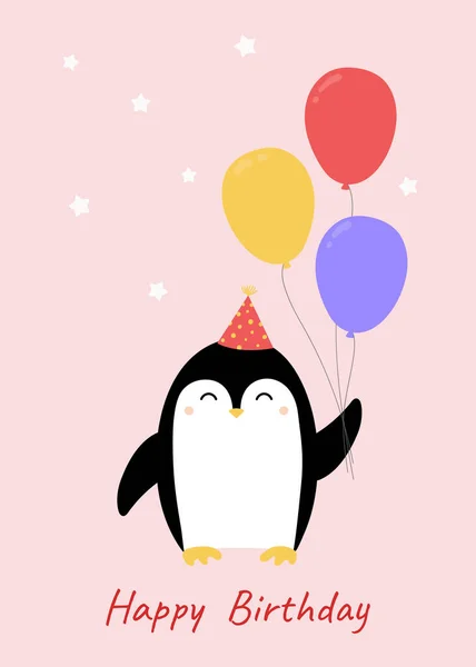 Feliz Aniversário Cartão Saudação Com Pinguim Bonito Balões Modelo Para — Vetor de Stock