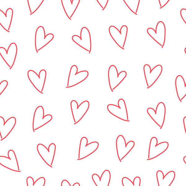 Абстрактный бесшовный рисунок с розовыми сердцами на белом фоне. Ручной рисунок