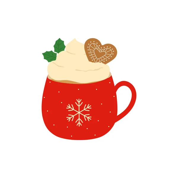 Red Cup Hot Chocolate Whipped Cream Gingerbread Cookie Template Cozy — Stock Vector