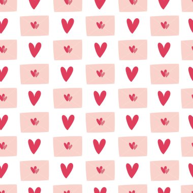 Zarfların kusursuz deseni ve beyaz arka planda kalpler. El çizimi karalama biçimi 